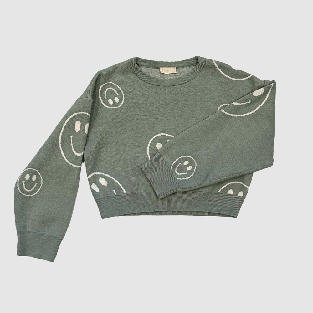 Altar’d State Smiley Face Sweater Sage Green Cropped Knit Size L